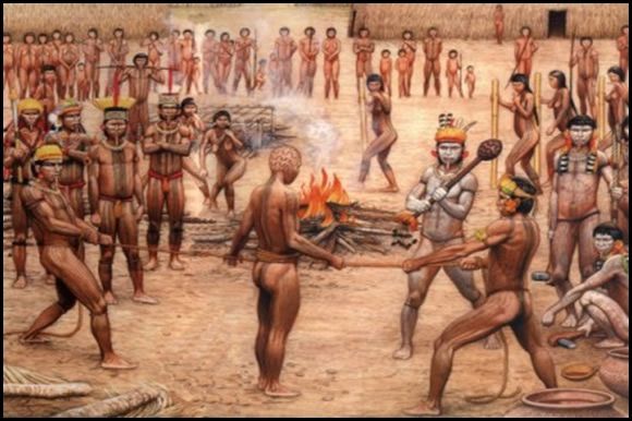 Ilustración del canibalismo ritual de los Tupi