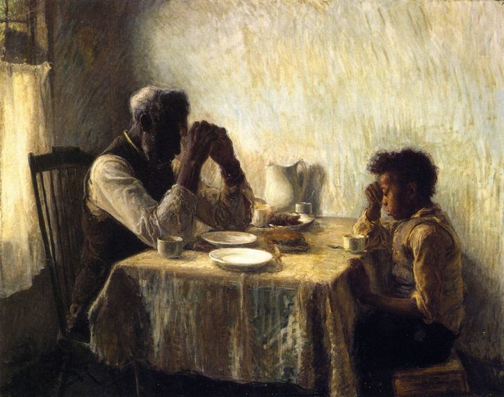 pintura padre e hijo sentados mesa