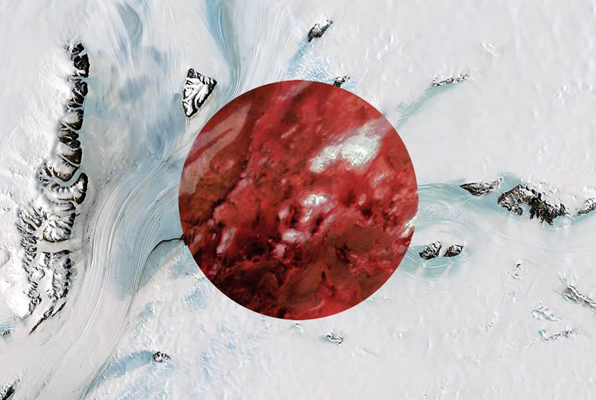 Bandera de Japón con fotografías satelitales de la Antártida y Australia.