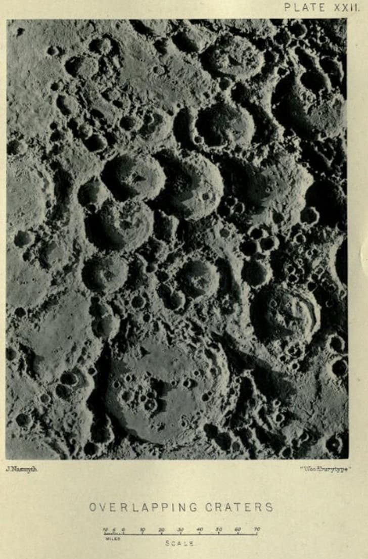 The moon considered as a planet, a world, and a satellite Nasmyth, James, 1808 1890 crater superpuestos