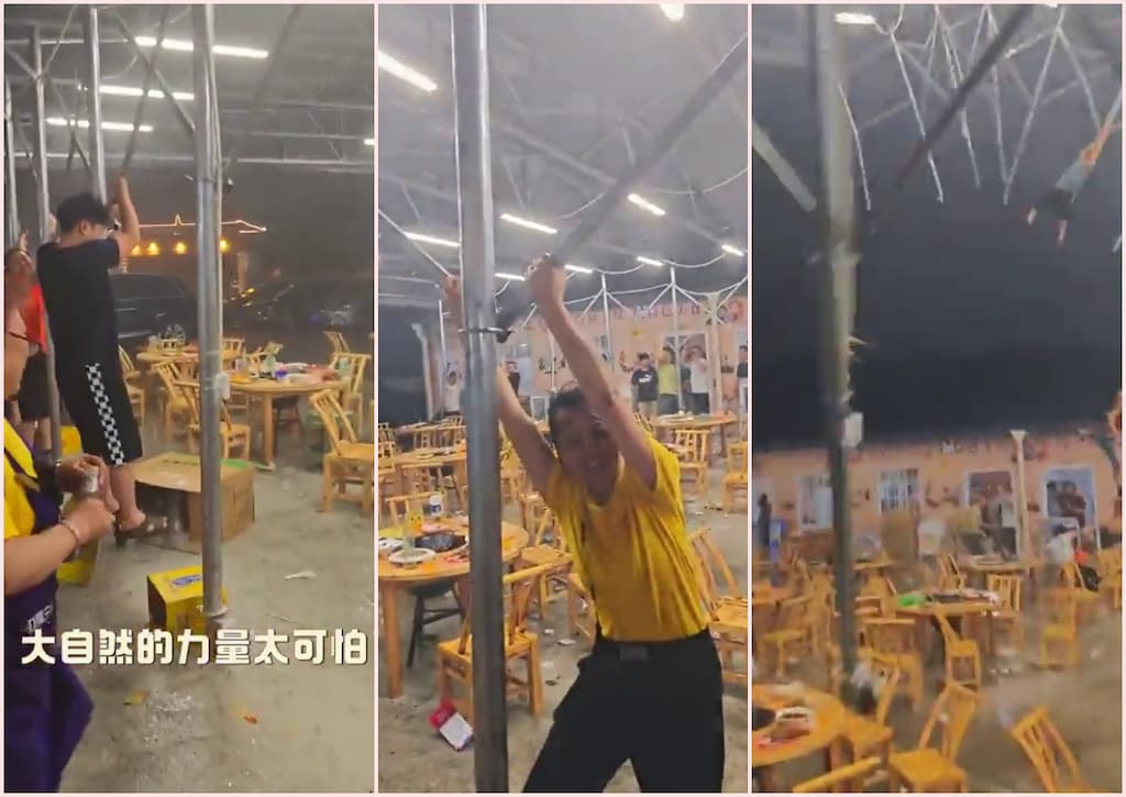 Restaurantero es arrastrado por fuertes vientos en China1
