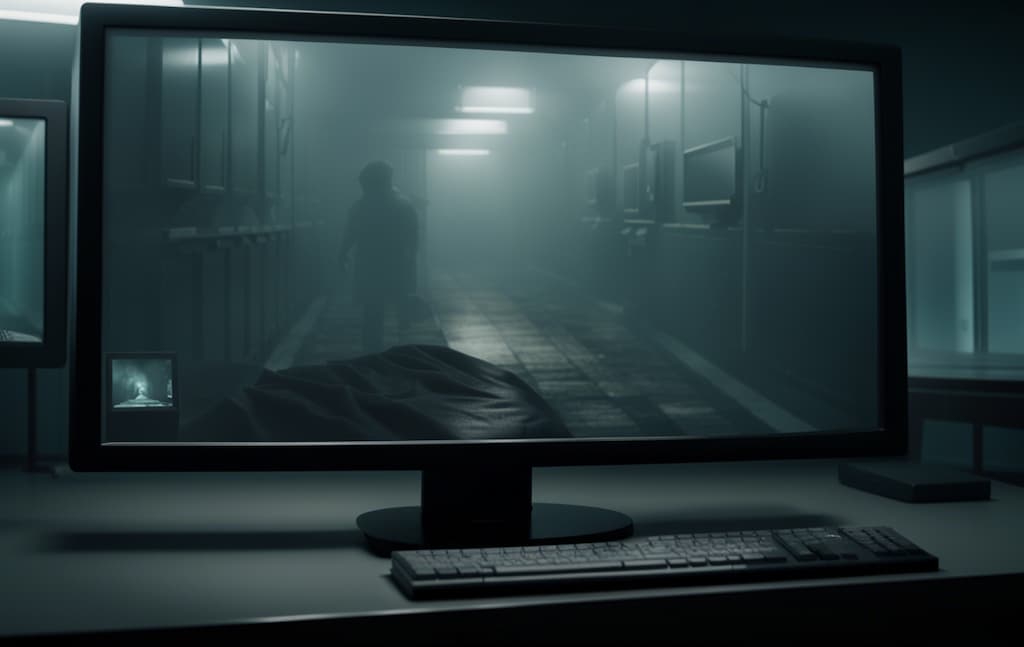computer monitor showing footage from a morgue atmosphere of terror with fog realistic scene photo realistic cinematic foggy super de steps 25 width 1216 height 768 seed 0ts 1688589442 idx 0