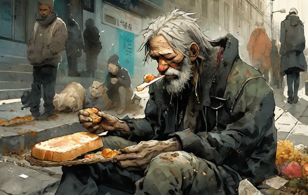 vagabundo en las calles alimentandose de pan