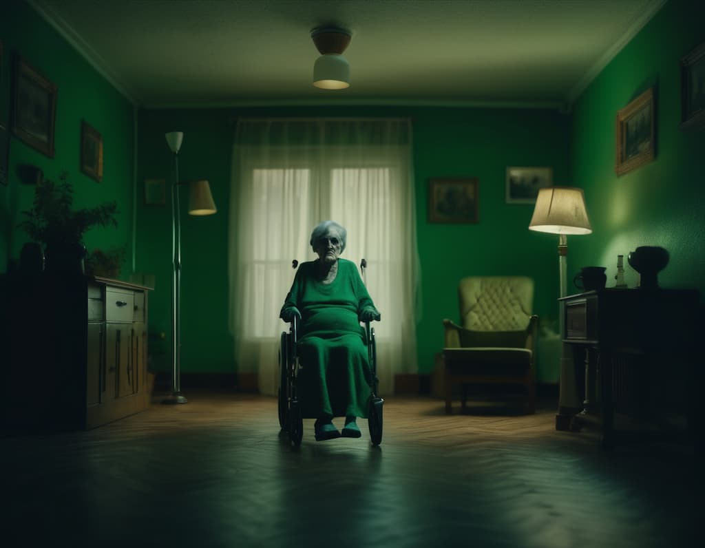 an old woman in a green walled nursing home flanked by floor lamps horror atmosphere 8k ultra detailed width 1152 height 896 aspecwddwt 4 3 seed 0ts 1692240465 idx 0